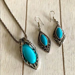 Silver and turquoise necklace and earrings set